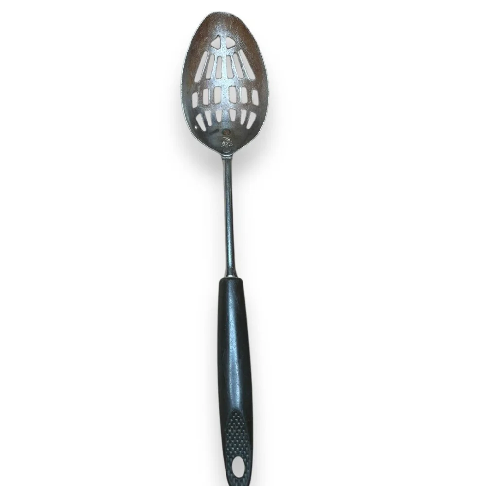 Vintage EKCO Flint Stainless Steel Slotted Spoon Composite Black Handle
